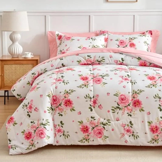 Twin Floral Bedding Set 6 Piece in dark pink rose pattern, ideal for a cozy, inviting look with this floral bedding set.