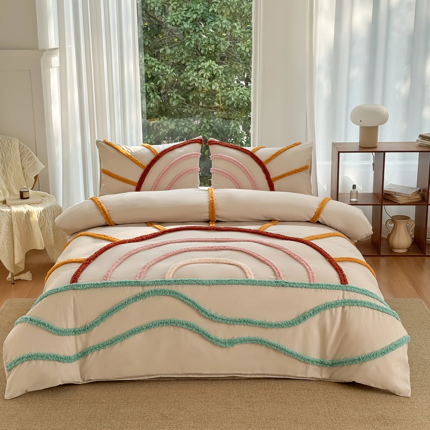 Showcasing the dimensions and design of the Ultra Soft Microfiber Boho Bedding Set highlighting its stylish versatility.