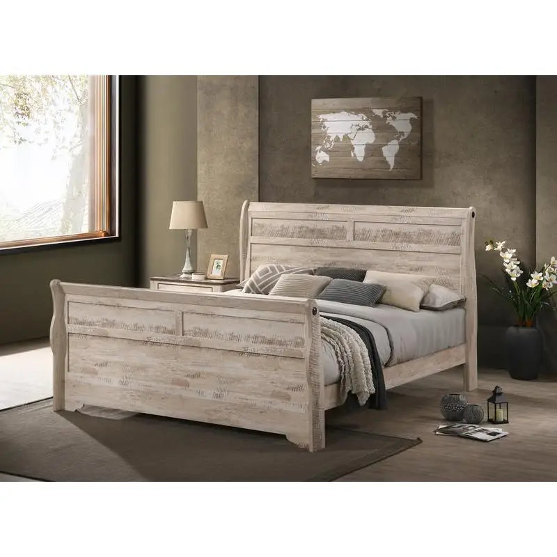 Complete Elegant 5-Piece White Wash Queen Bedroom Set including dresser, nightstands, and the sleigh bed.