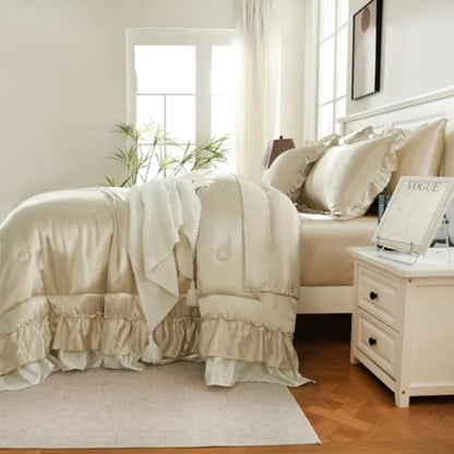 Flat lay of the Beige Satin Comforter Set detailing each piece included in the 8-piece bedding collection.