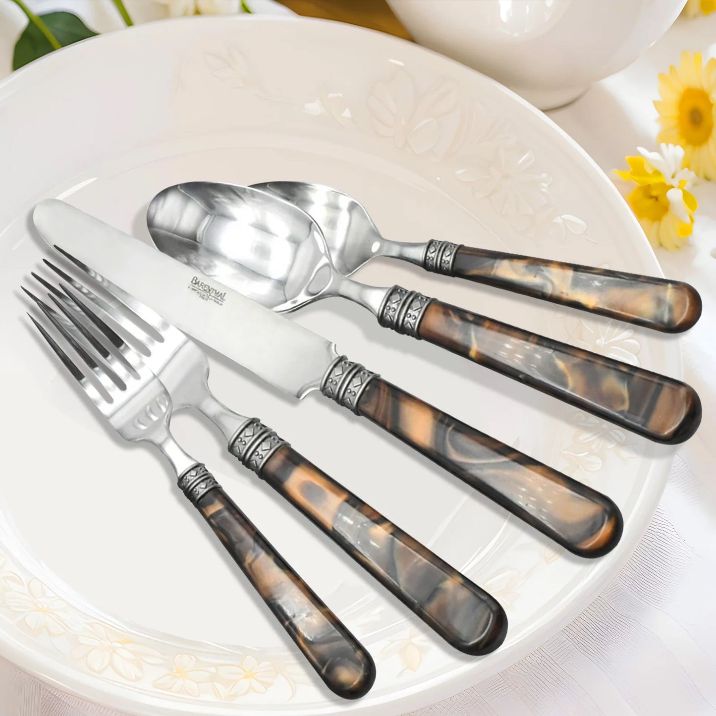 20-Piece Tortoise Shell Stainless Steel Flatware Set arranged as a complete tortoise shell flatware collection