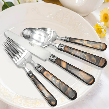 20-Piece Tortoise Shell Stainless Steel Flatware Set arranged as a complete tortoise shell flatware collection