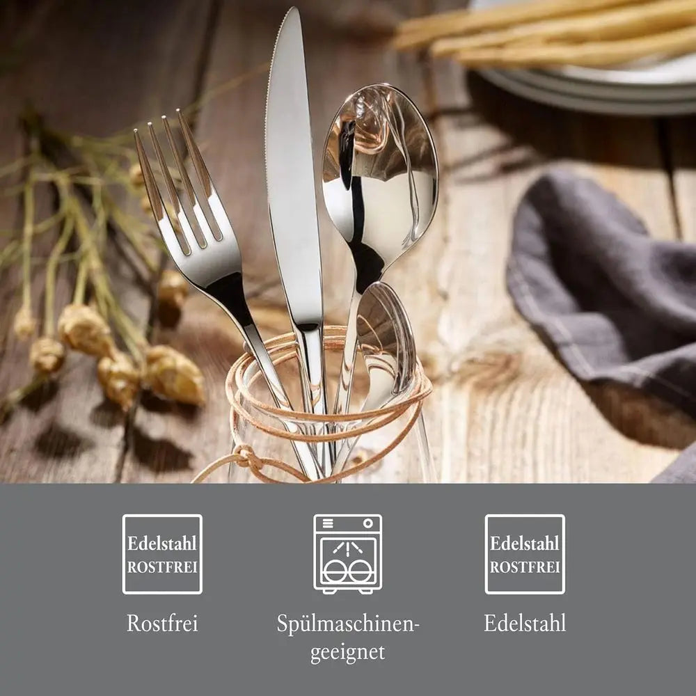 Close-up of the Elegant 18/10 Stainless Steel Flatware Set for 6, highlighting the finely crafted, shiny silver finish of this durable stainless steel flatware set.