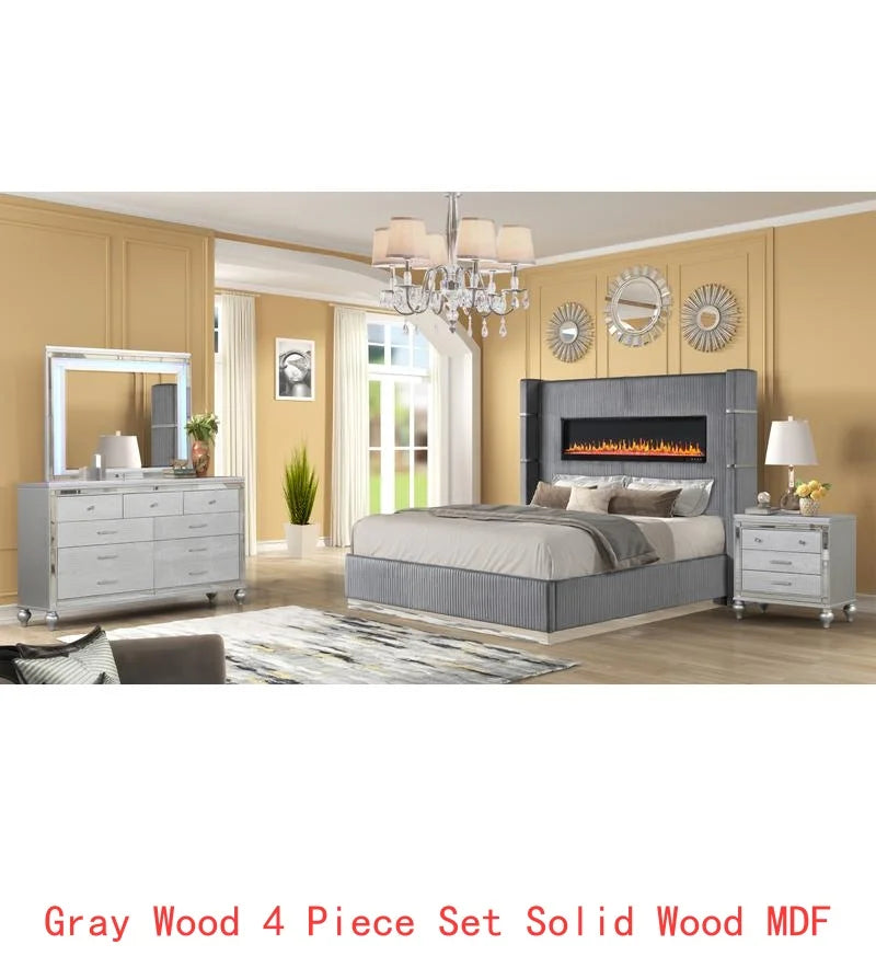 4-Piece Upholstered King Bedroom Set with Ambient Lighting in Gray Velvet Finish