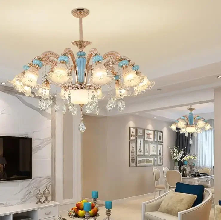 Frosted White Glass Tiffany Blue Floral Chandelier