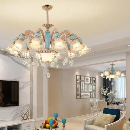 Frosted White Glass Tiffany Blue Floral Chandelier