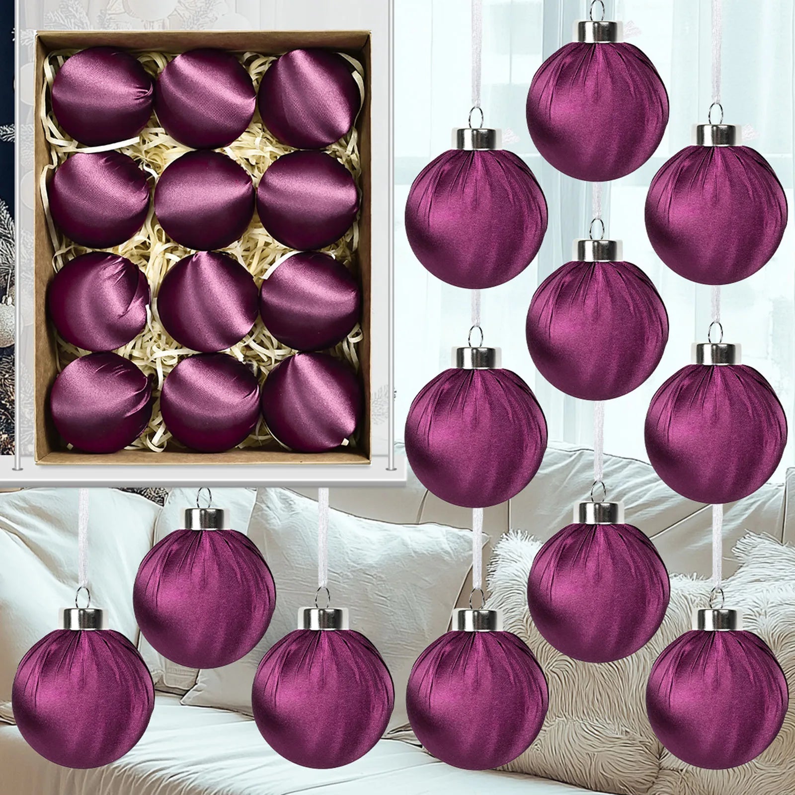 Set of 12 Shatterproof Satin/Silk Christmas Hanging Ball Ornaments featuring vibrant colors and textures, perfect for festive decor with satin silk ball ornaments.