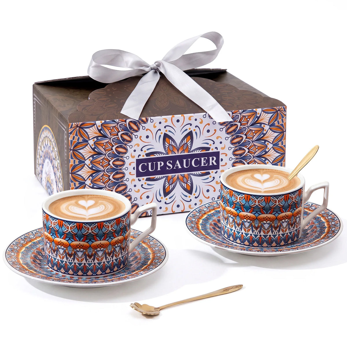 Bohemian Ceramic Coffee Cup and Saucer Set for 2, 8.5 oz Espresso Mugs with Spoons, ceramic coffee cup set for espresso and tea