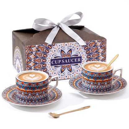 Bohemian Ceramic Coffee Cup and Saucer Set for 2, 8.5 oz Espresso Mugs with Spoons, ceramic coffee cup set for espresso and tea