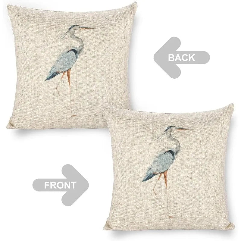 Icotoibabie Linen Throw Pillow Cover - Blue Egret Floral Coastal Decorative Cushion Case, coastal bird print linen throw pillow cover