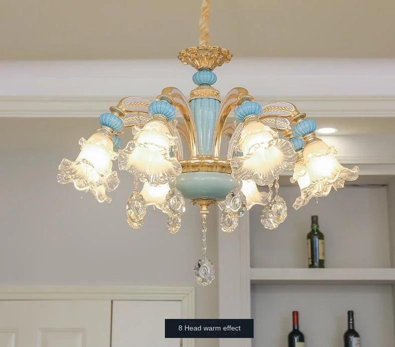 Frosted White Glass Tiffany Blue Floral Chandelier