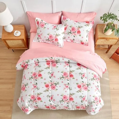 Complete 7-piece Queen Floral Bedding Set arrangement, showcasing botanical flowers that instantly elevate your bedroom decor.