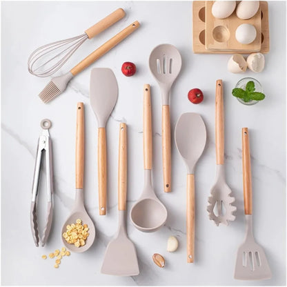 12-Piece Silicone Kitchen Utensil Set with Wooden Handles for Non-Stick Cookware, silicone kitchen utensil set with coordinated cooking tools