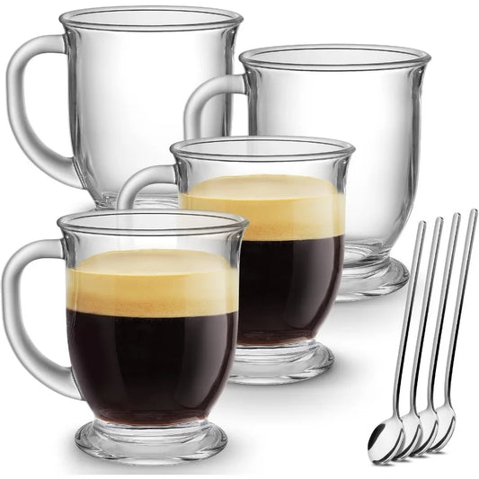 Set of 4 Clear Large Glass Coffee Mugs/Handles