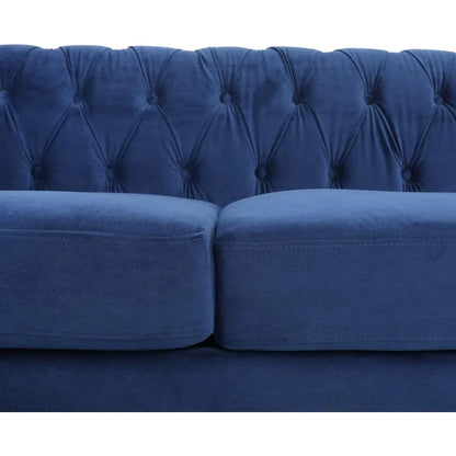 Blue Velvet Chesterfield Sofa – Family room setup featuring the 84" tufted 3-seater couch that offers both style and comfort.