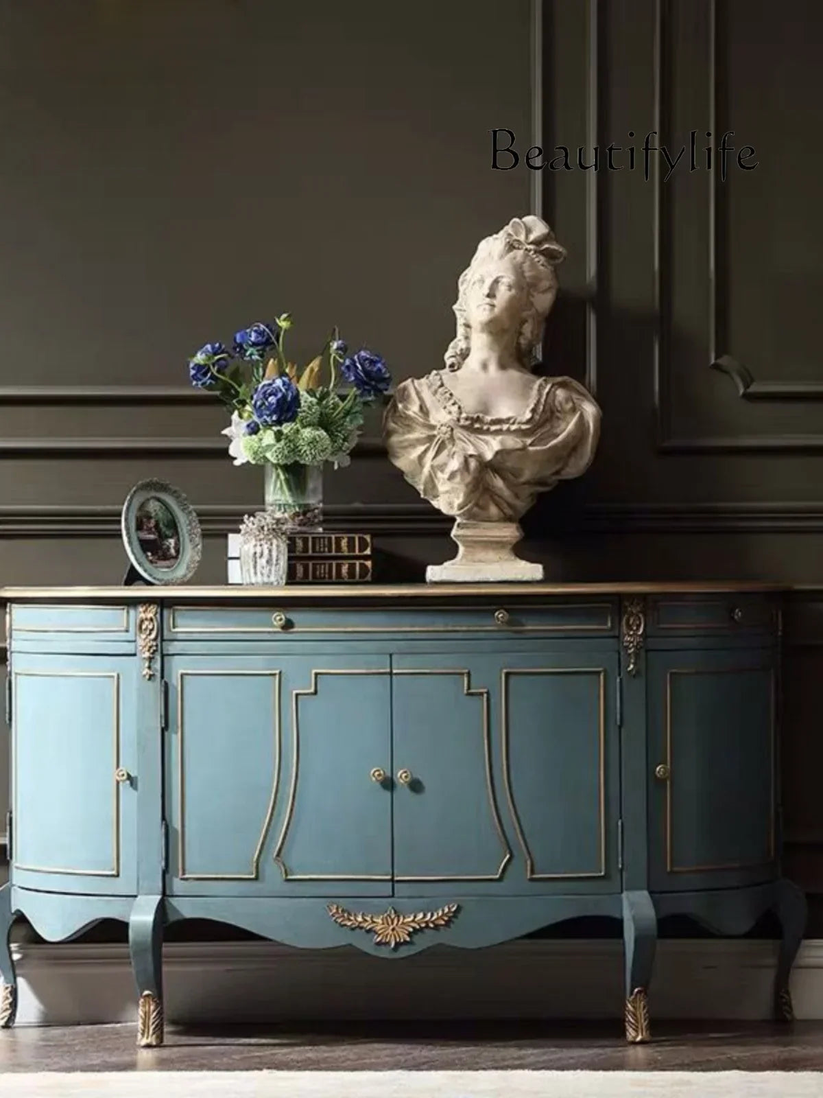 Interior view of the Elegant Blue & Gold French-American Style Sideboard Cabinet displaying ample storage; a practical blue and gold sideboard for organizing your essentials.