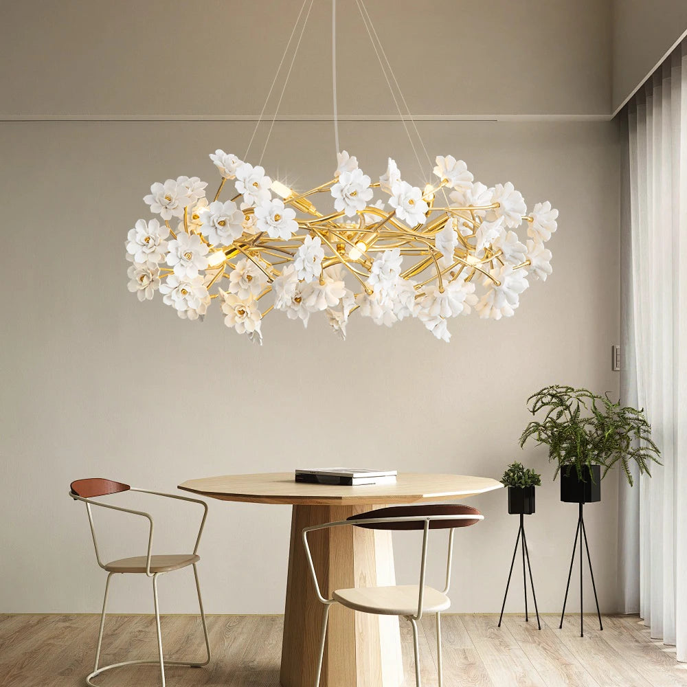 Elegant Gold Luxury Crystal Chandelier with White Flower Design, showcasing a stunning round shape and intricate crystal details, perfect gold crystal chandelier for modern interiors.