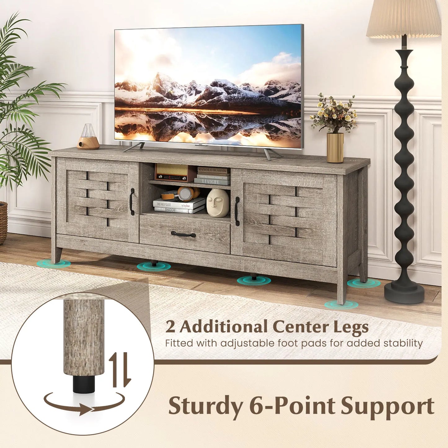 Elegant design details of the Rustic Farmhouse TV Stand with cable management.