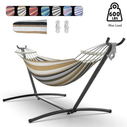 Portable Double Hammock with Stand – designed for backyard relaxation hammock use, featuring breathable cotton fabric for ultimate comfort.