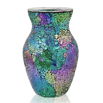 The 8" Handcrafted Cracked Glass Flower Vase in a cozy home setting, demonstrating its versatility as a handcrafted glass vase for any occasion.