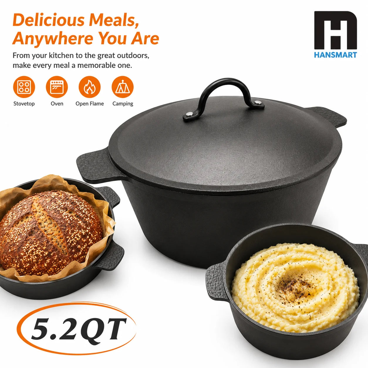 5.2 QT Pre-Seasoned Cast Iron Dutch Oven showing the integrated side handle for easy lifting.