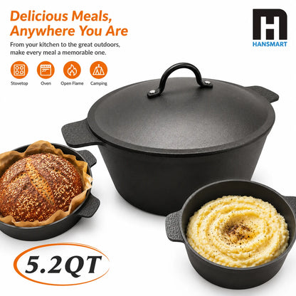 5.2 QT Pre-Seasoned Cast Iron Dutch Oven showing the integrated side handle for easy lifting.