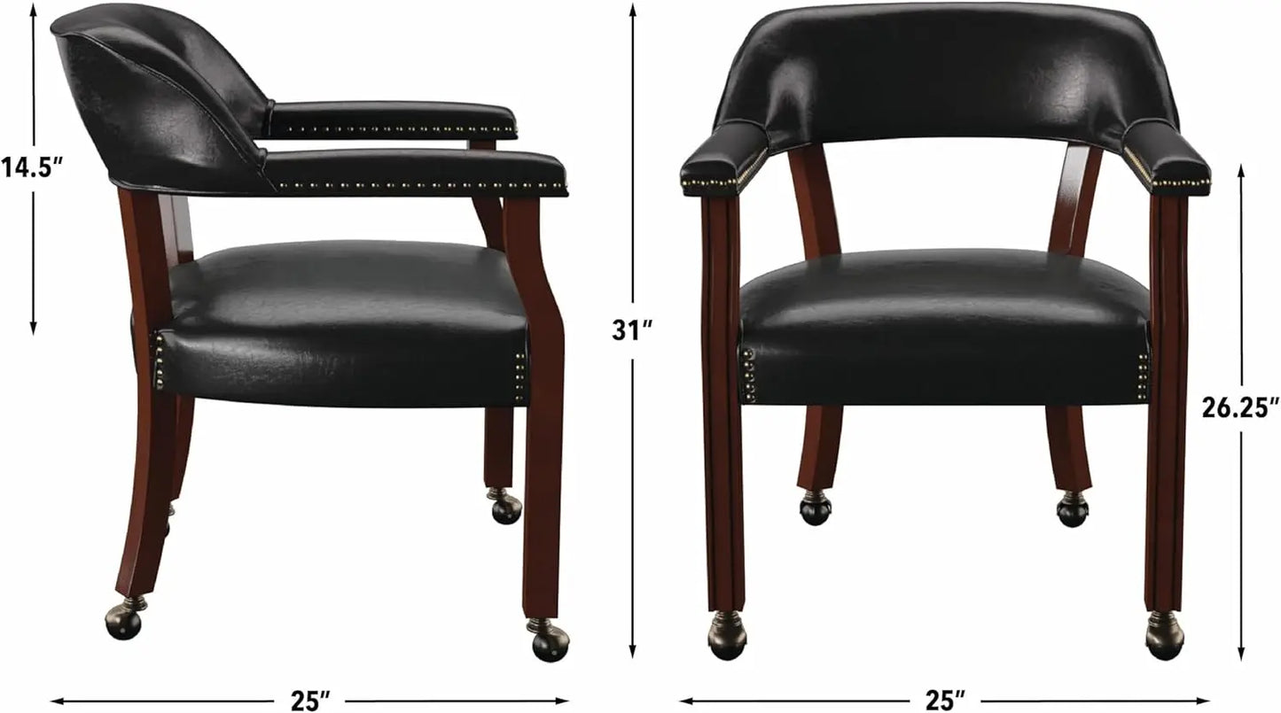 Upholstered Solid Black Arm Dining Chair w/Casters & Nailhead Trim