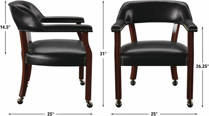Upholstered Solid Black Arm Dining Chair w/Casters & Nailhead Trim