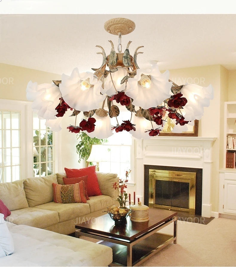 Pastoral Floral Chandelier with Red Rose Accents featuring handcrafted ceramic roses and golden vines, perfect floral chandelier for home decor.
