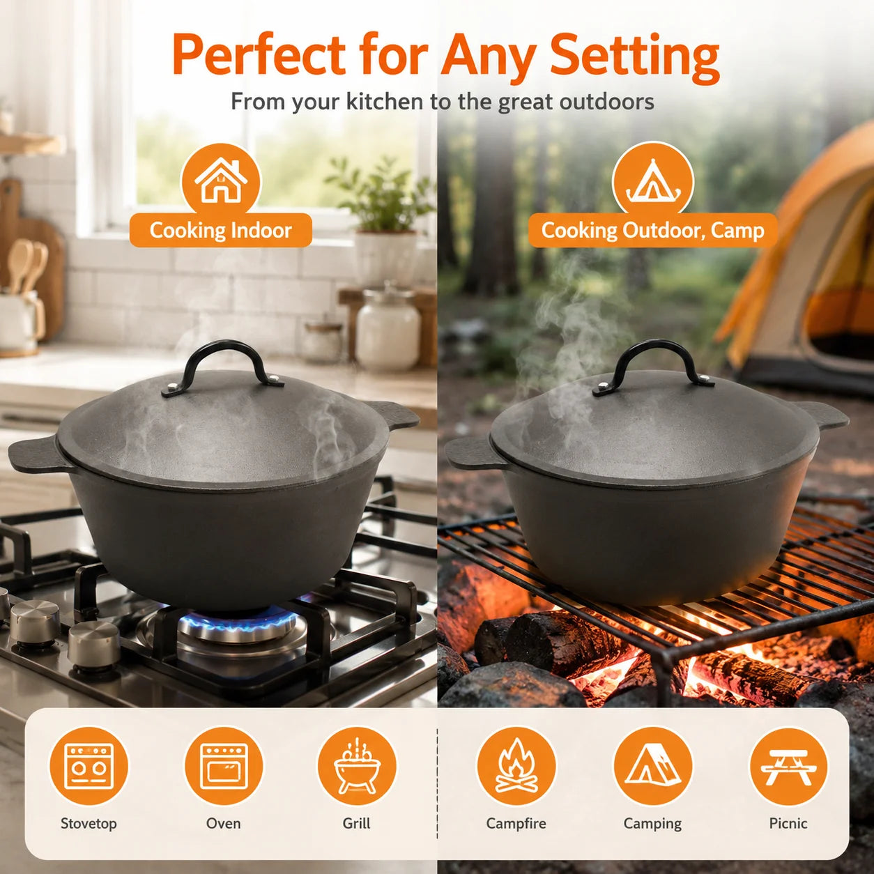 5.2 QT Pre-Seasoned Cast Iron Dutch Oven highlighted in a rustic kitchen environment for cozy vibes.
