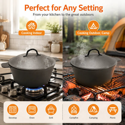 5.2 QT Pre-Seasoned Cast Iron Dutch Oven highlighted in a rustic kitchen environment for cozy vibes.