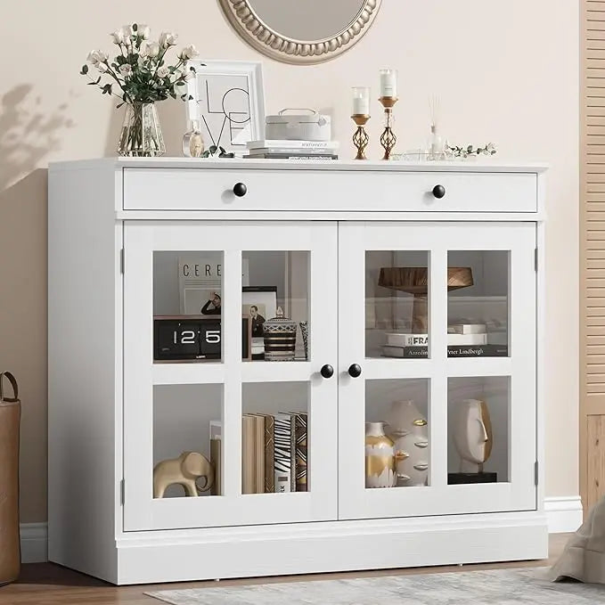 Modern Oak Sideboard Buffet with glass doors showcasing adjustable shelves, perfect for stylish home storage.