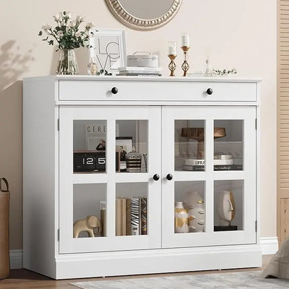 Modern Oak Sideboard Buffet with glass doors showcasing adjustable shelves, perfect for stylish home storage.