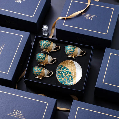 Diverse styles of the Luxurious European Bone China Coffee & Tea Set artfully arranged to showcase its unique design and elegance.