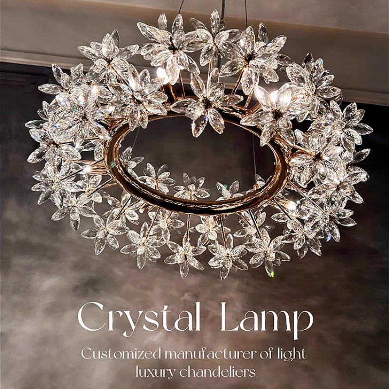 Elegant Crystal Flower Petals Chandelier - A modern crystal flower chandelier showcasing its customizable design that adds sophistication to luxury interiors.