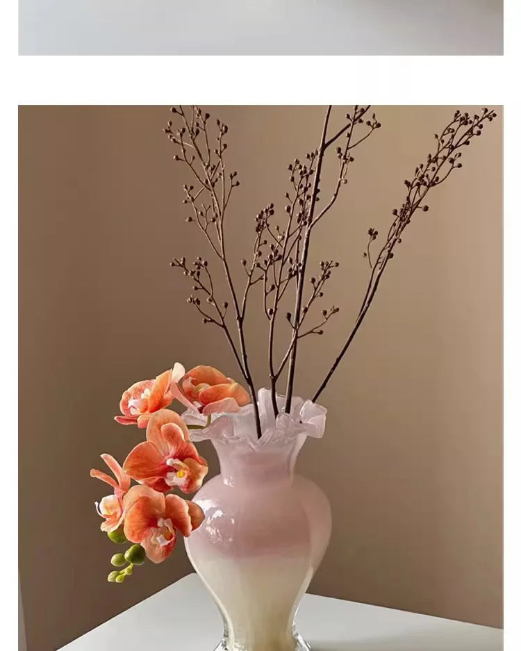 Another perspective of Vintage 24Cm Opalescent Ruffled Edged Fenton Glass Vase showcasing its height and elegance.