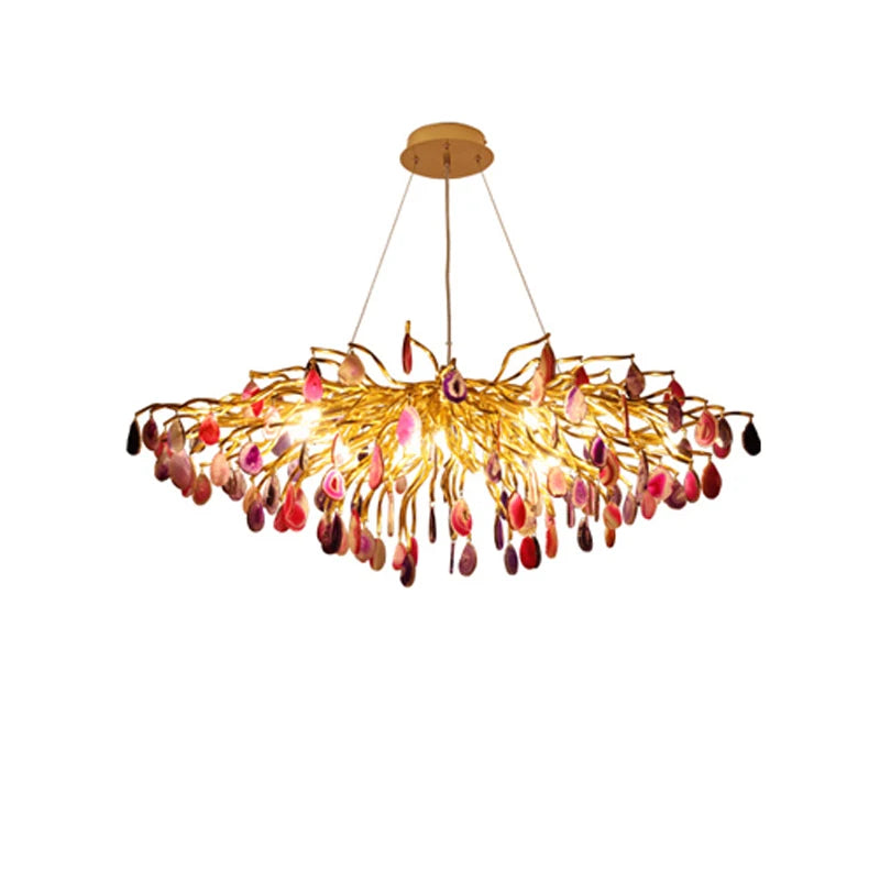 Luxurious art deco chandelier with colorful agate details, enhancing the ambiance of an entryway.