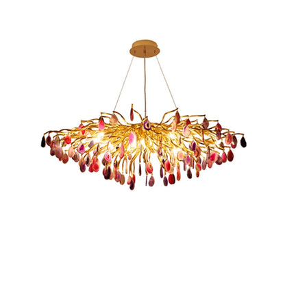 Luxurious art deco chandelier with colorful agate details, enhancing the ambiance of an entryway.