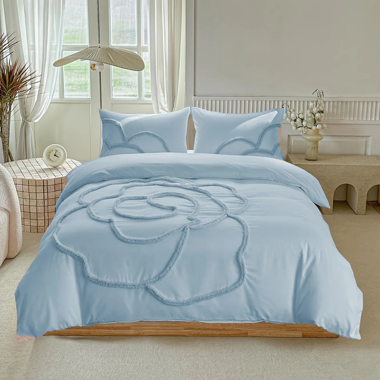 Ultra Soft Microfiber Boho Bedding Set draped beautifully over a bed, featuring tufted bows and a cozy ambiance.