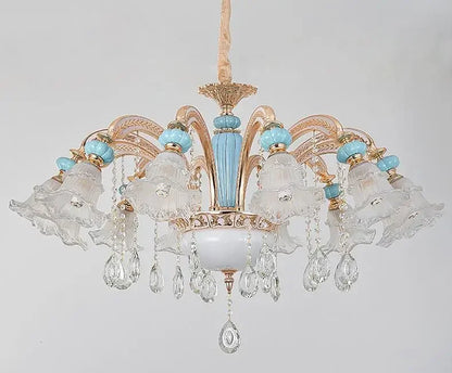 Frosted White Glass Tiffany Blue Floral Chandelier