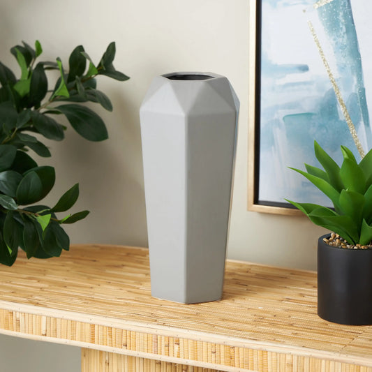 Close-up of the Hexagon Matte Gray Decorative Vase, showcasing its unique hexagon decorative vase shape and elegant matte finish.