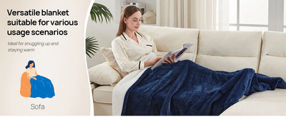A person relaxing under the Cozy Flannel Sherpa Electric Blanket, emphasizing its comfort and warmth.
