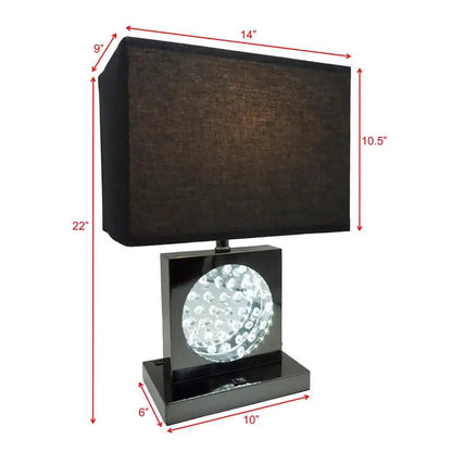 Elegant 22" Modern Crystal Accent Table Lamp with detailed view of the nickel base and black shade, combining luxury and style in this elegant table lamp.