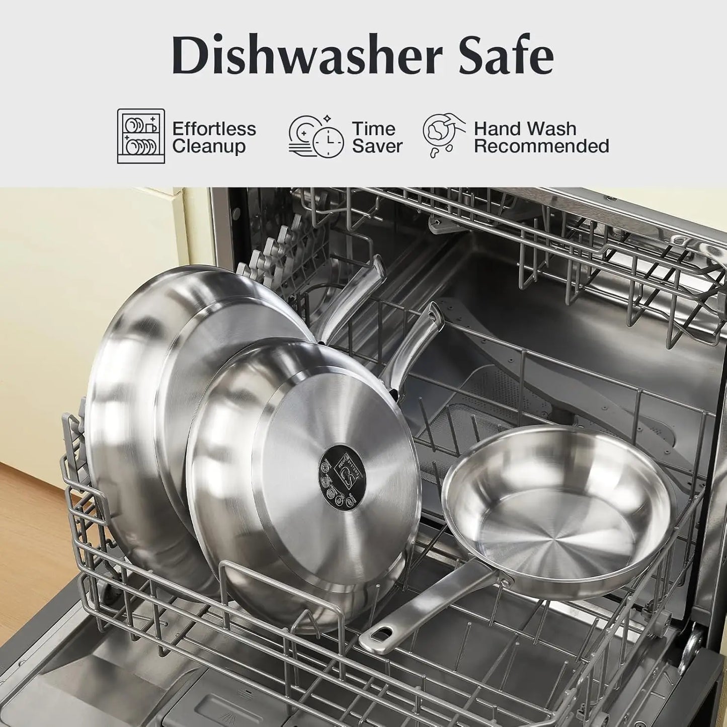 Stainless steel cookware set in a dishwasher with 'Dishwasher Safe' text and icons.