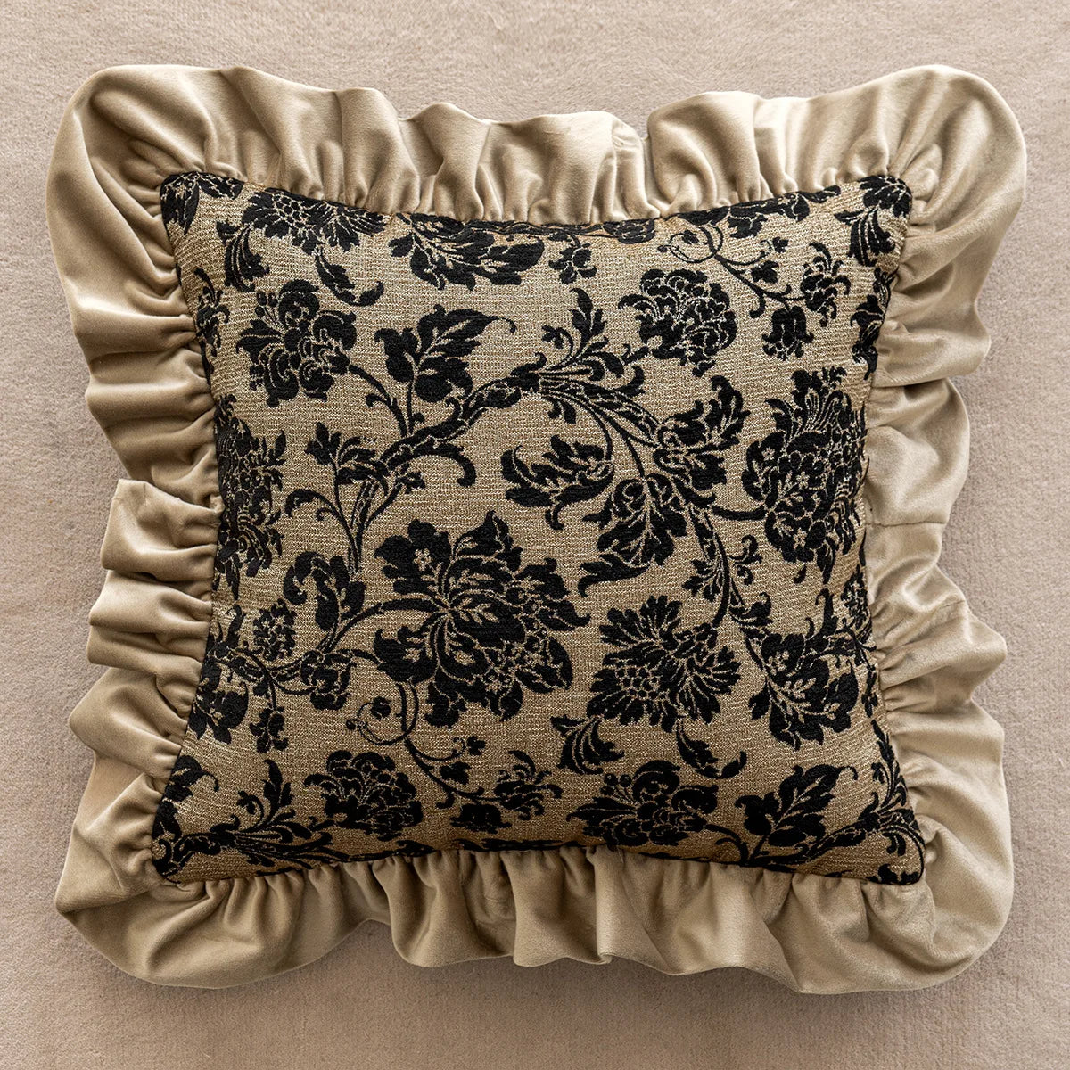 French Style Luxury Throw Pillow Cover - Black Floral Damask on Gold with Ruffled Edge, french style pillow cover made from polyester jacquard