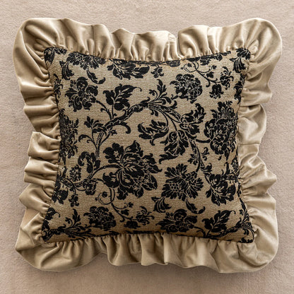 French Style Luxury Throw Pillow Cover - Black Floral Damask on Gold with Ruffled Edge, french style pillow cover made from polyester jacquard
