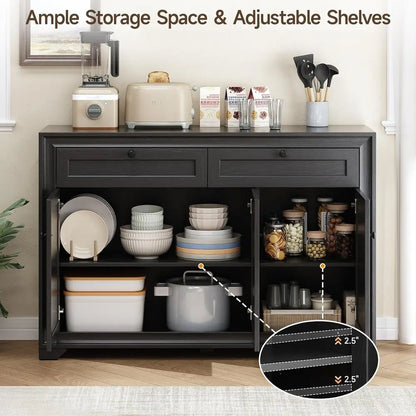 48” Farmhouse Buffet Cabinet with Storage, Black Sideboard Coffee Bar styled as a coffee station with wood trays and ceramic mugs.