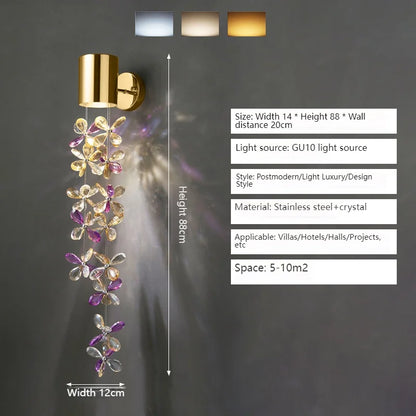 Detailed image of the Exquisite Modern Crystal Wall Lamp’s stainless steel frame and crystal design.