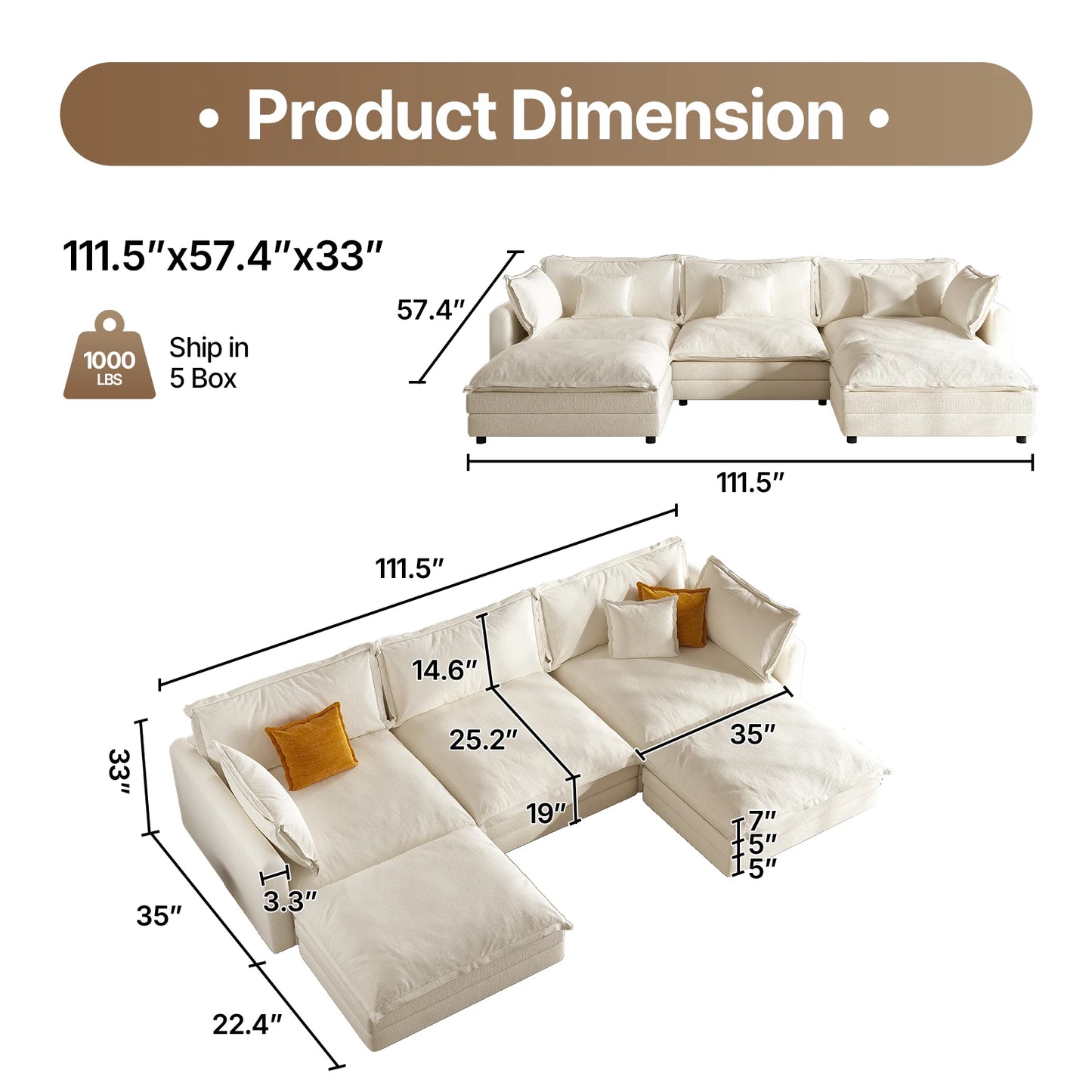 Modern Beige Chenille Upholstered Modular L-shaped Sectional Sofa w/Memory Foam Cushions