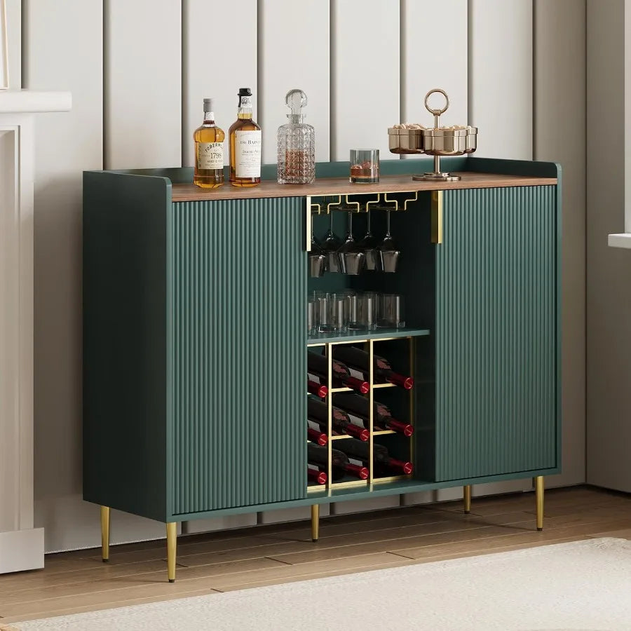 Modern Green Wine Bar Cabinet w/Fluted Texture
